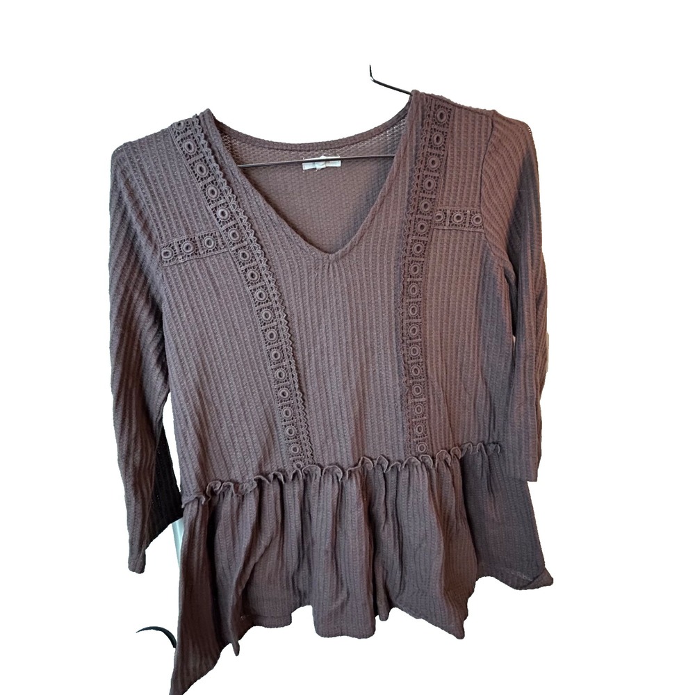 Maurices Sweater Plum Brown Large Lace Crochet Thermal Pullover Ruffles